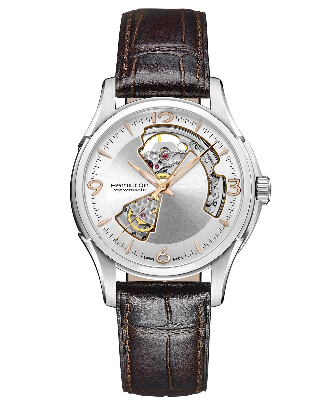 Hamilton Hamilton Jazzmaster Open Heart Auto H32565555  H32565555 механические мужские часы серебристый циферблат, браслет кожаный — вид спереди
