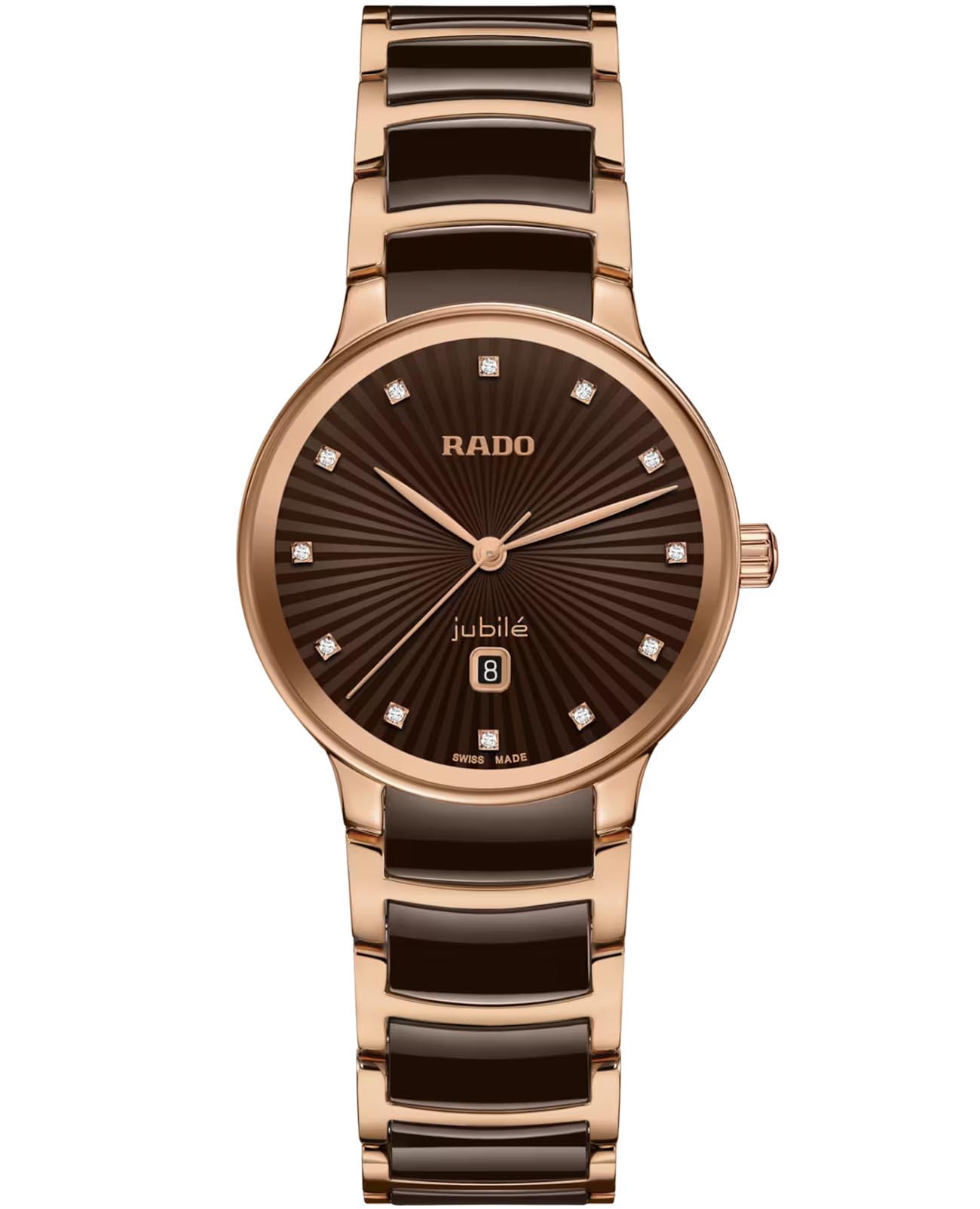 Rado Rado Centrix Diamonds R30024732  R30024732 кварцевые женские часы коричневый циферблат, браслет высокотехнологичная керамика + нержавеющая сталь с pvd покрытием — вид спереди