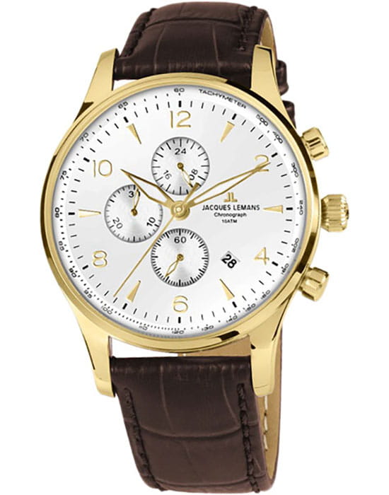 Jacques Lemans Jacques Lemans 1-1844ZD  1-1844ZD кварцевые мужские часы белый циферблат, браслет кожаный — вид спереди