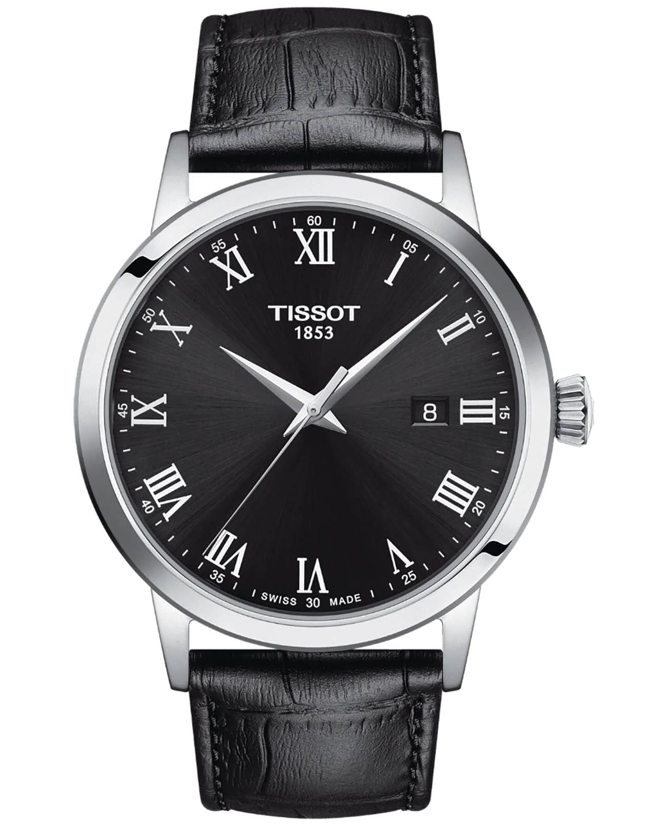 Tissot Tissot Classic Dream T129.410.16.053.00 Classic Dream T1294101605300 кварцевые мужские часы черный циферблат, браслет кожаный — вид спереди