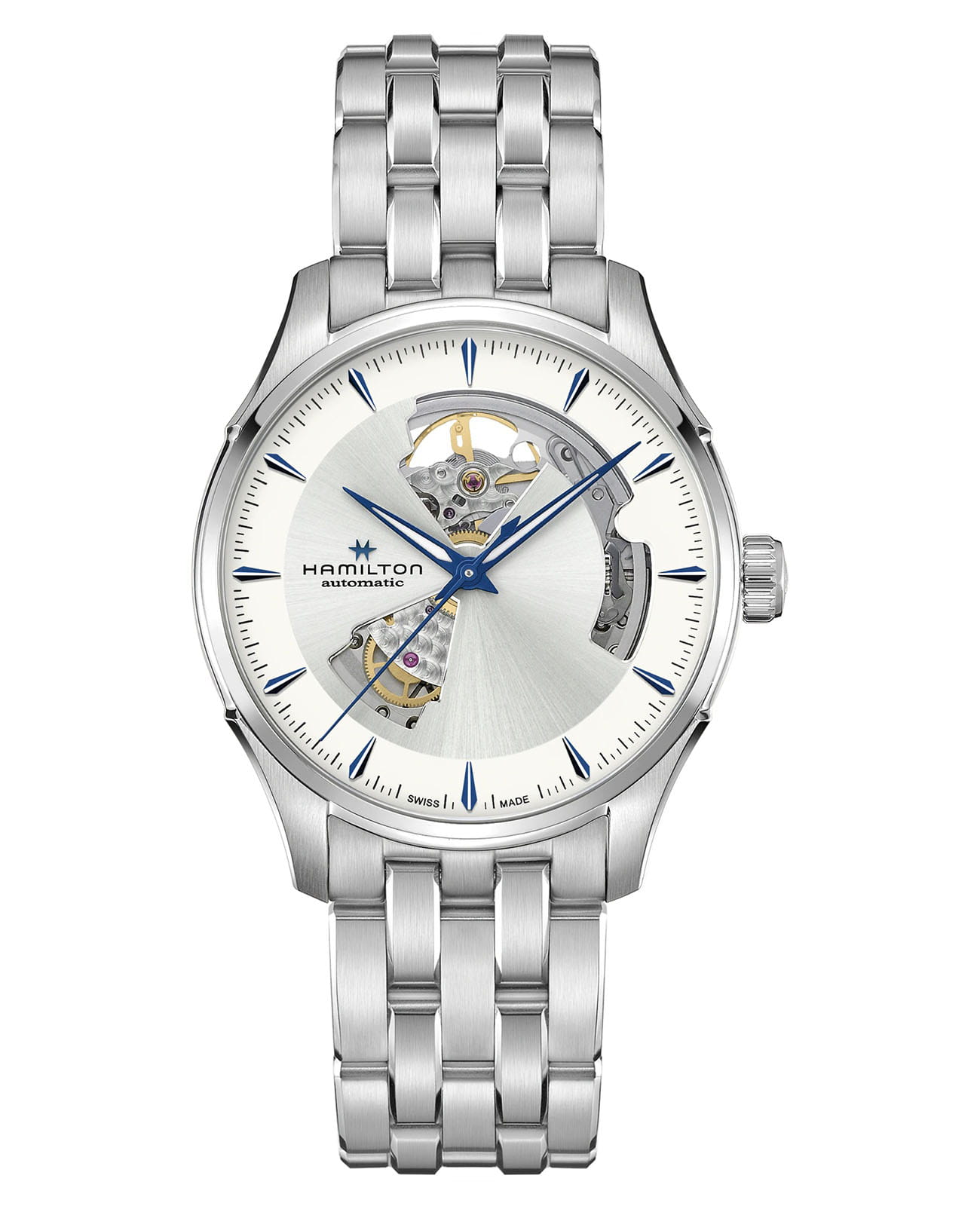 Hamilton Hamilton Jazzmaster Open Heart Auto H32675150  H32675150 механические мужские часы серебристый циферблат, браслет нержавеющая сталь — вид спереди