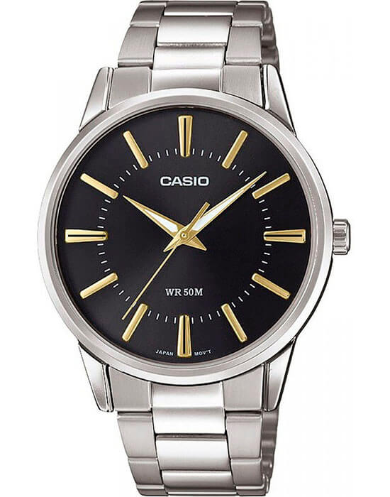 Casio Casio MTP-1303PD-1A2  MTP-1303PD-1A2VEF кварцевые мужские часы черный циферблат, браслет нержавеющая сталь — вид спереди
