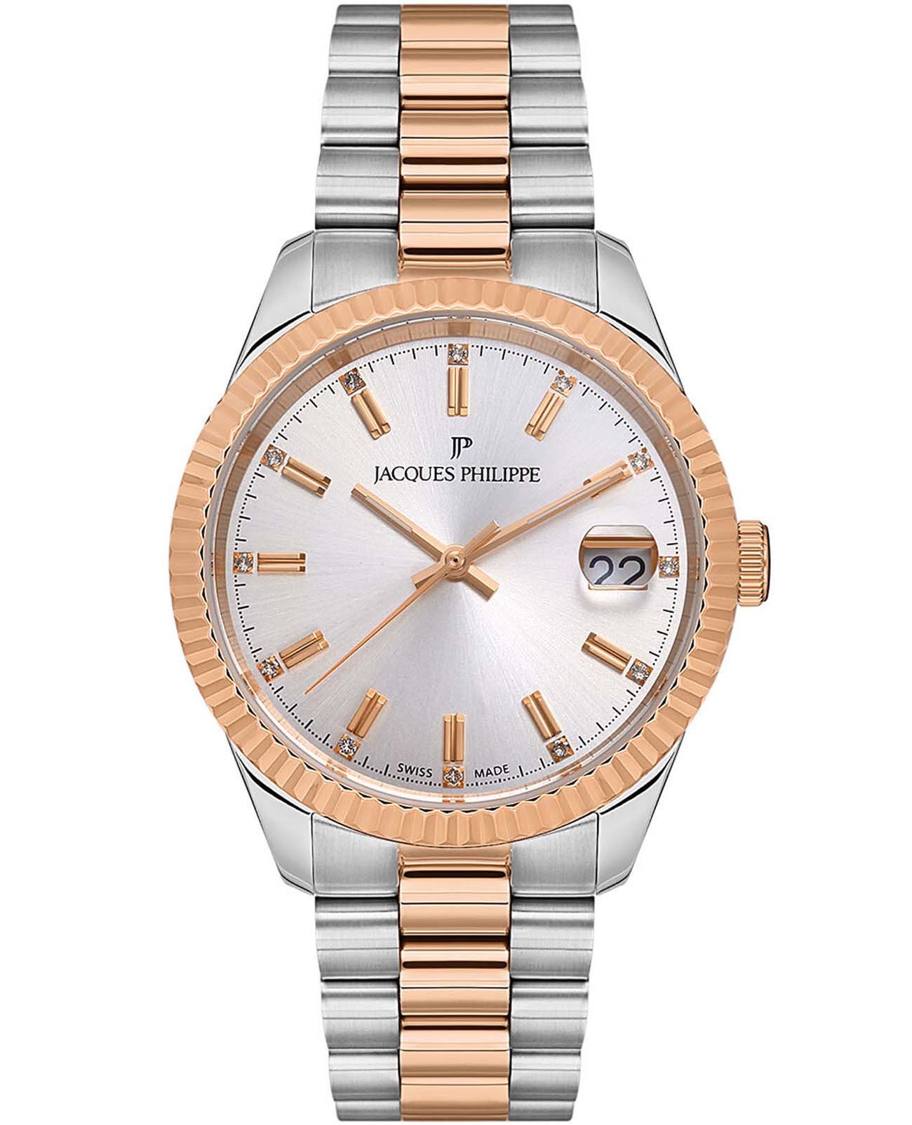 Jacques Philippe Jacques Philippe Solis JPQLS247328RG  JPQLS247328RG кварцевые женские часы серебристый циферблат, браслет нержавеющая сталь с ip-покрытием — вид спереди