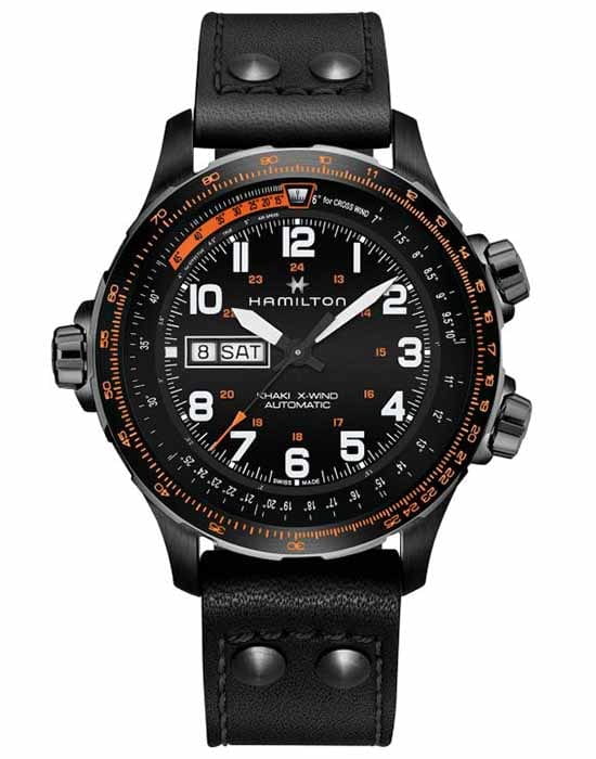 Hamilton Hamilton Khaki Aviation X-Wind Day Date Auto Chrono H77785733  H77785733 механические мужские часы черный циферблат, браслет кожаный — вид спереди