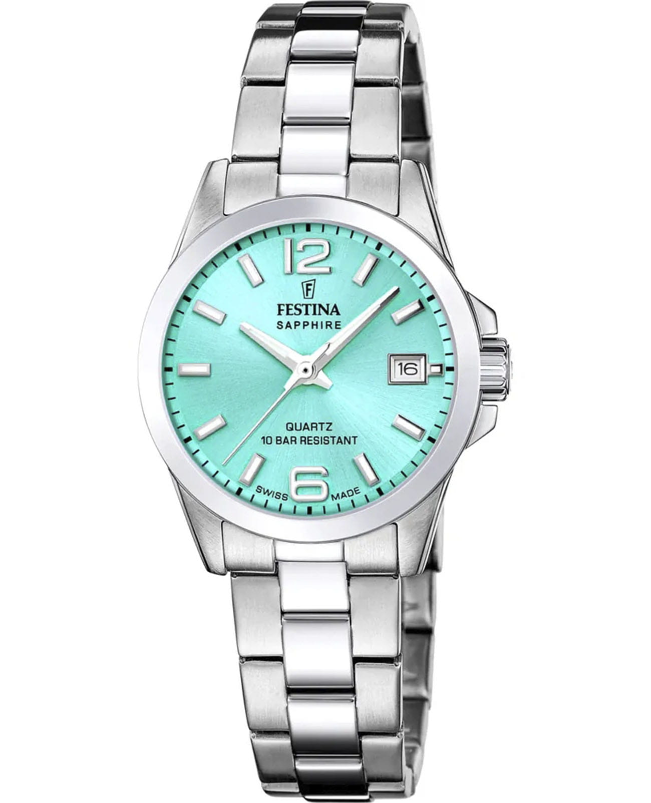 Festina Festina Swiss Made F20049/4  F20049/4 кварцевые женские часы бирюзовый циферблат, браслет нержавеющая сталь — вид спереди