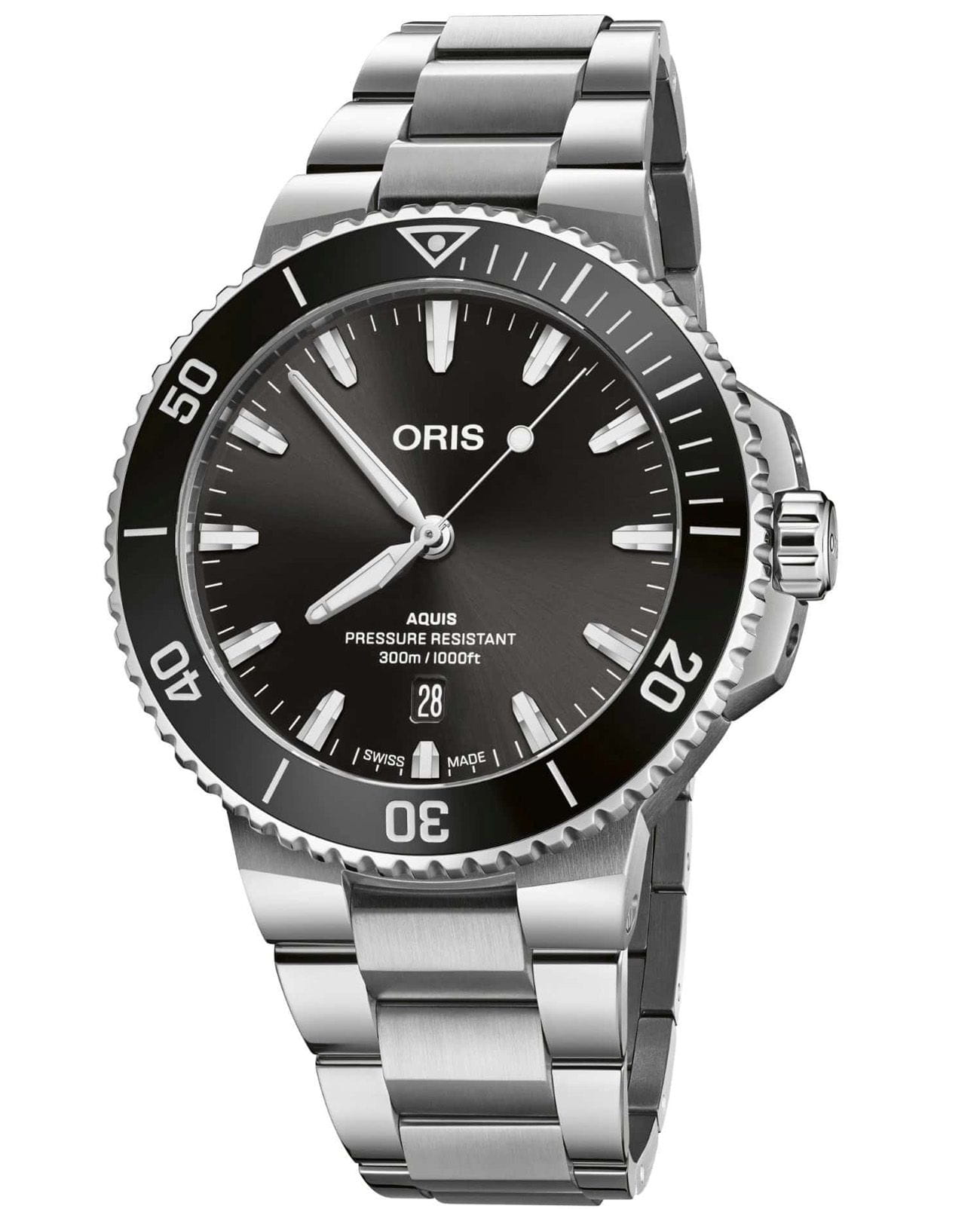 Oris Oris Aquis Date 01 733 7789 4154-07 8 23 04PEB  01 733 7789 4154-07 8 23 04PEB механические мужские часы черный циферблат, браслет нержавеющая сталь — вид спереди