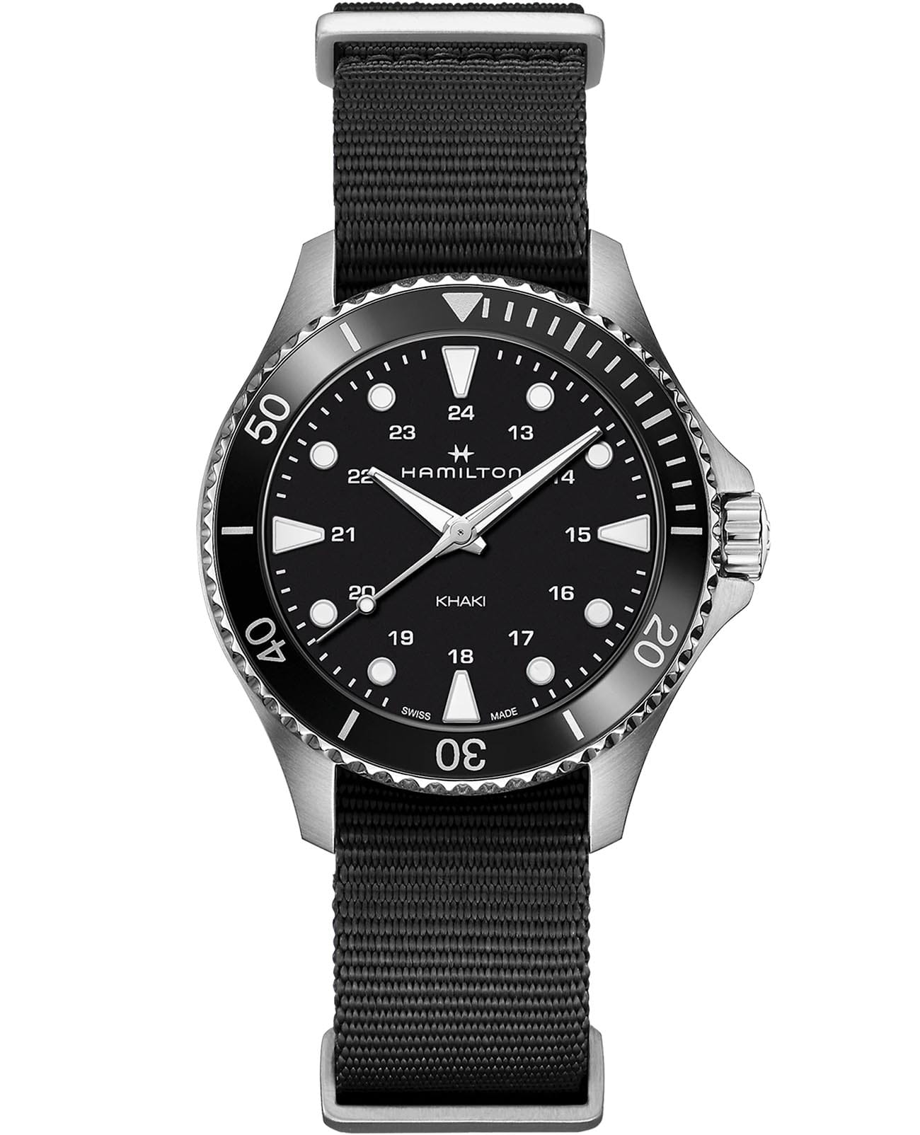 Hamilton Hamilton Khaki Navy Scuba Quartz H82201931  H82201931 кварцевые мужские часы черный циферблат, браслет тканевый — вид спереди
