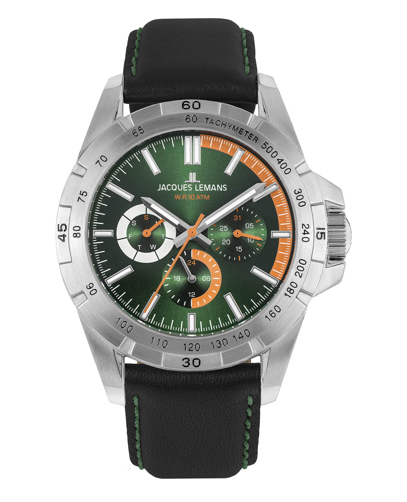 Jacques Lemans Jacques Lemans 42-11D  42-11D кварцевые мужские часы зеленый циферблат, браслет кожаный — вид спереди