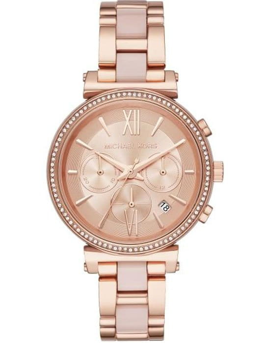 Michael Kors Michael Kors Ritz MK6560  MK6560 кварцевые женские часы розовый циферблат, браслет сталь с ip покрытием — вид спереди