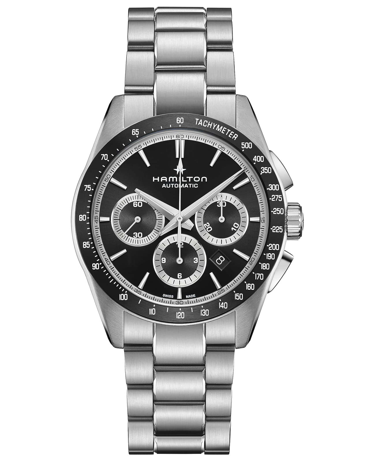 Hamilton Hamilton Jazzmaster Performer Auto Chrono H36606130  H36606130 механические мужские часы черный циферблат, браслет нержавеющая сталь — вид спереди