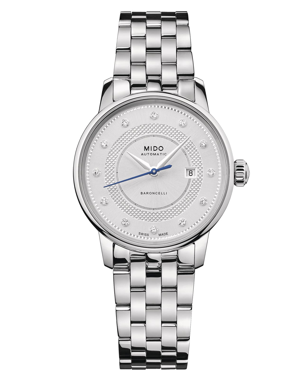 Mido Mido Baroncelli Signature M037.207.11.036.01  M0372071103601 механические женские часы белый циферблат, браслет нержавеющая сталь — вид спереди