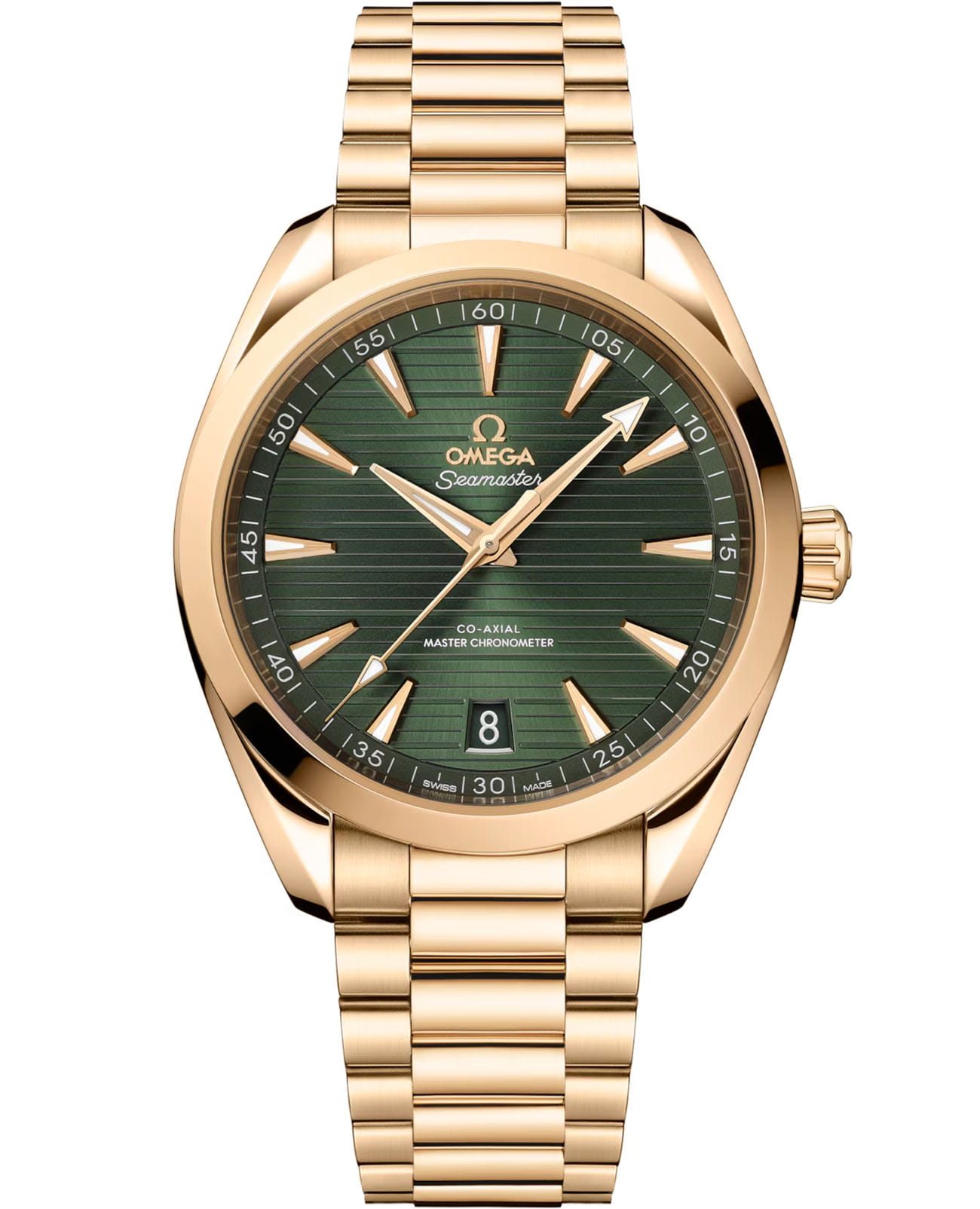 Omega Omega Seamaster Aqua Terra 220.50.41.21.10.001 Aqua Terra 22050412110001 механические мужские часы зеленый циферблат, браслет 18-каратное желтое золото — вид спереди