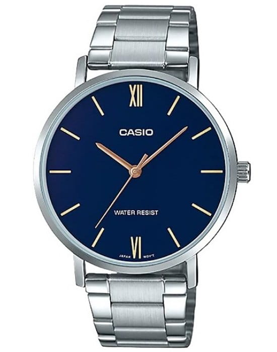 Casio Casio MTP-VT01D-2B  MTP-VT01D-2B кварцевые мужские часы синий циферблат, браслет нержавеющая сталь — вид спереди