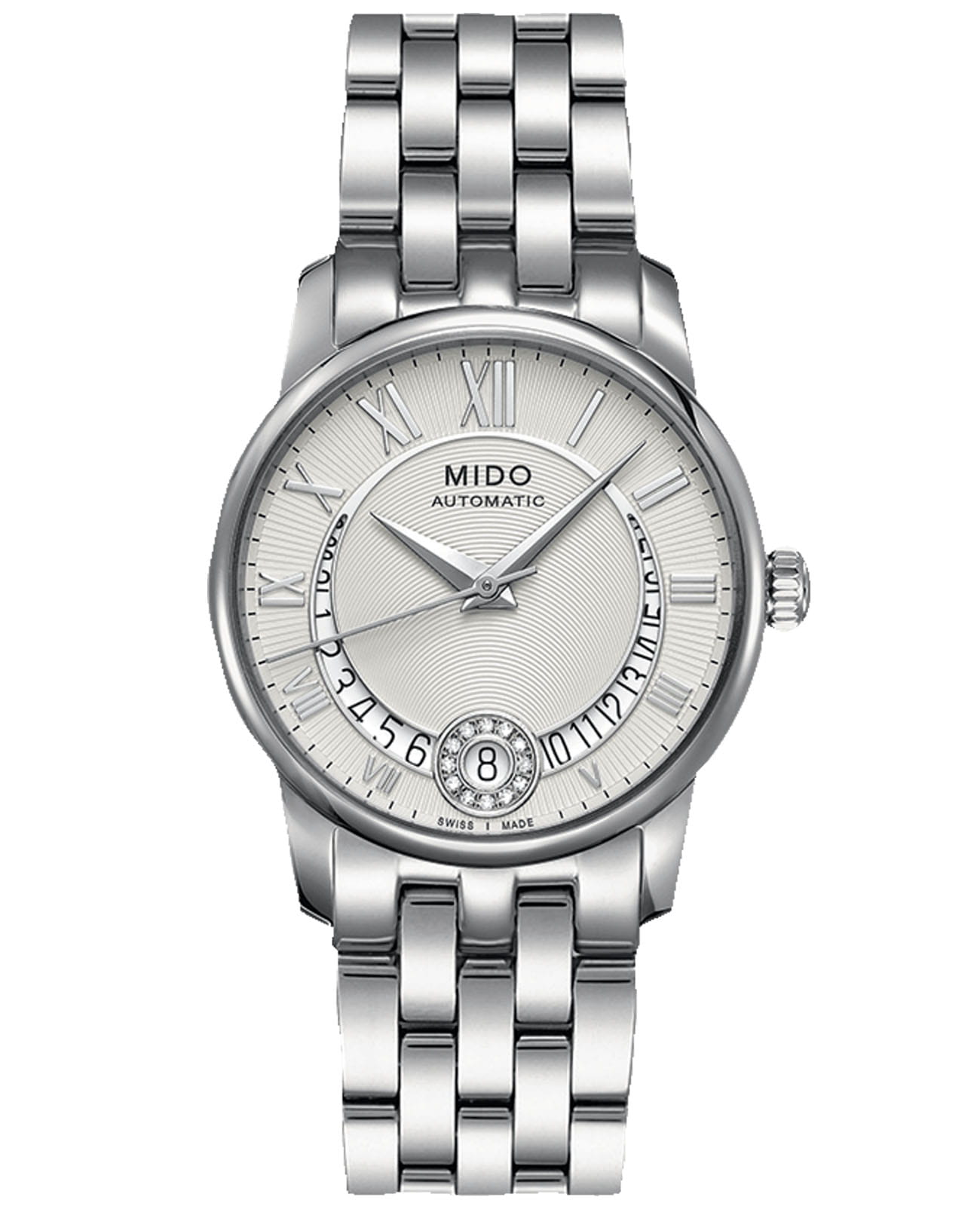 Mido Mido Baroncelli Diamonds M007.207.11.038.00  M0072071103800 механические женские часы серебристый циферблат, браслет нержавеющая сталь — вид спереди