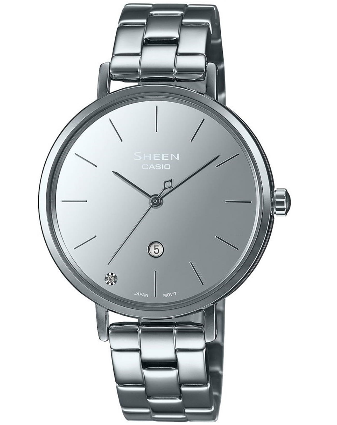 Casio Casio Sheen SHE-4544D-7AUDF  SHE-4544D-7A кварцевые женские часы серебристый циферблат, браслет сталь с ip покрытием — вид спереди