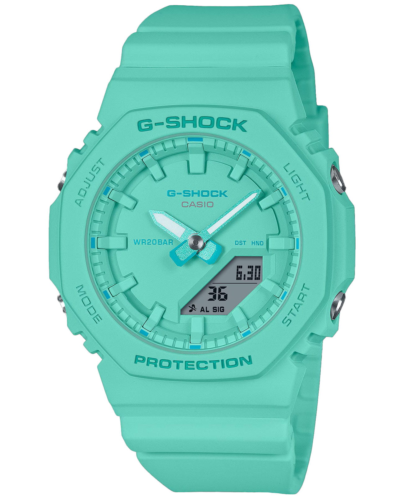 Casio Casio G-Shock GMA-P2100-2A  GMA-P2100-2A электронные женские часы бирюзовый циферблат, браслет пластик — вид спереди