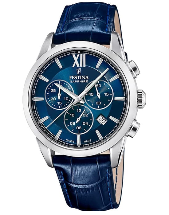 Festina Festina Swiss Made F20041/2  F20041/2 кварцевые мужские часы синий циферблат, браслет кожаный — вид спереди