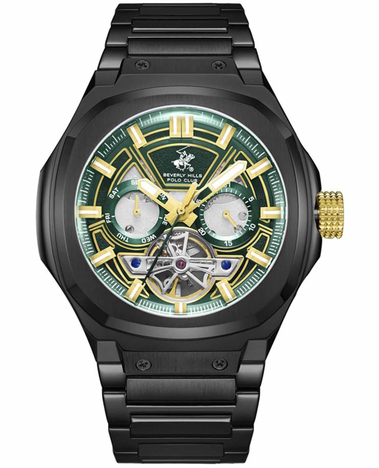 Beverly Hills Polo Club Beverly Hills Polo Club Automatic BP3749X.070  BP3749X.070 механические мужские часы зеленый циферблат, браслет нержавеющая сталь с ip-покрытием — вид спереди