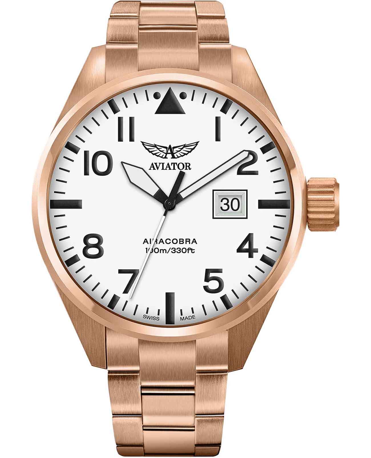 Aviator Aviator Airacobra V.1.22.2.152.5  V.1.22.2.152.5 кварцевые мужские часы белый циферблат, браслет нержавеющая сталь с pvd-покрытием — вид спереди
