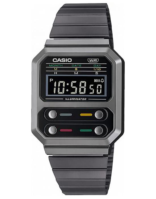 Casio Casio Vintage A100WEGG-1AEF  A100WEGG-1AEF кварцевые мужские часы черный циферблат, браслет нержавеющая сталь — вид спереди