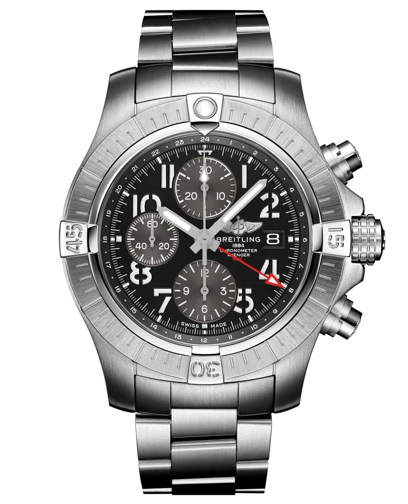 Breitling Breitling Avenger Chronograph GMT 45 A24315101B1A1  A24315101B1A1 механические мужские часы черный циферблат, браслет нержавеющая сталь — вид спереди