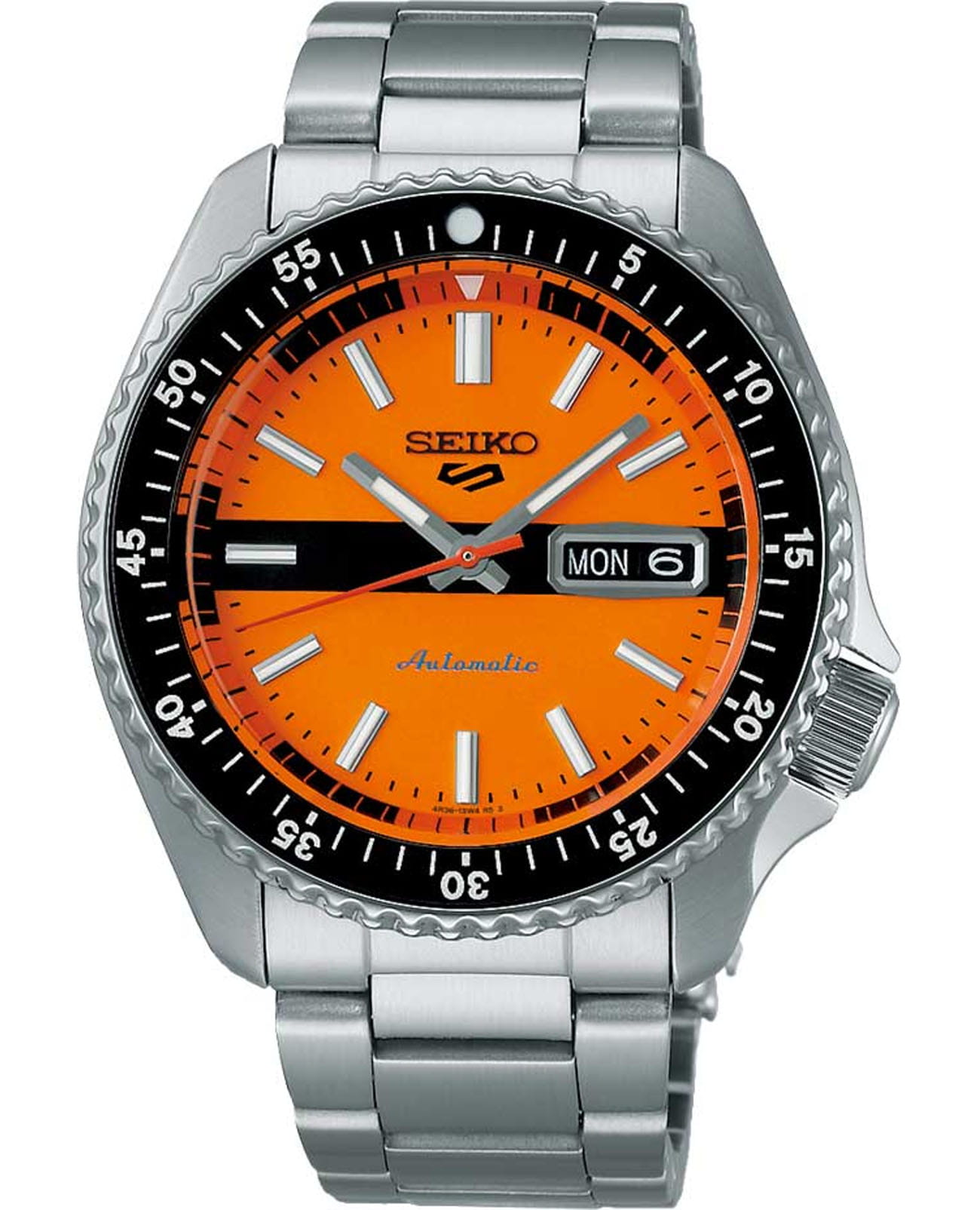 Seiko Seiko 5 Sports SRPK11K1  SRPK11K1 механические мужские часы оранжевый циферблат, браслет нержавеющая сталь — вид спереди