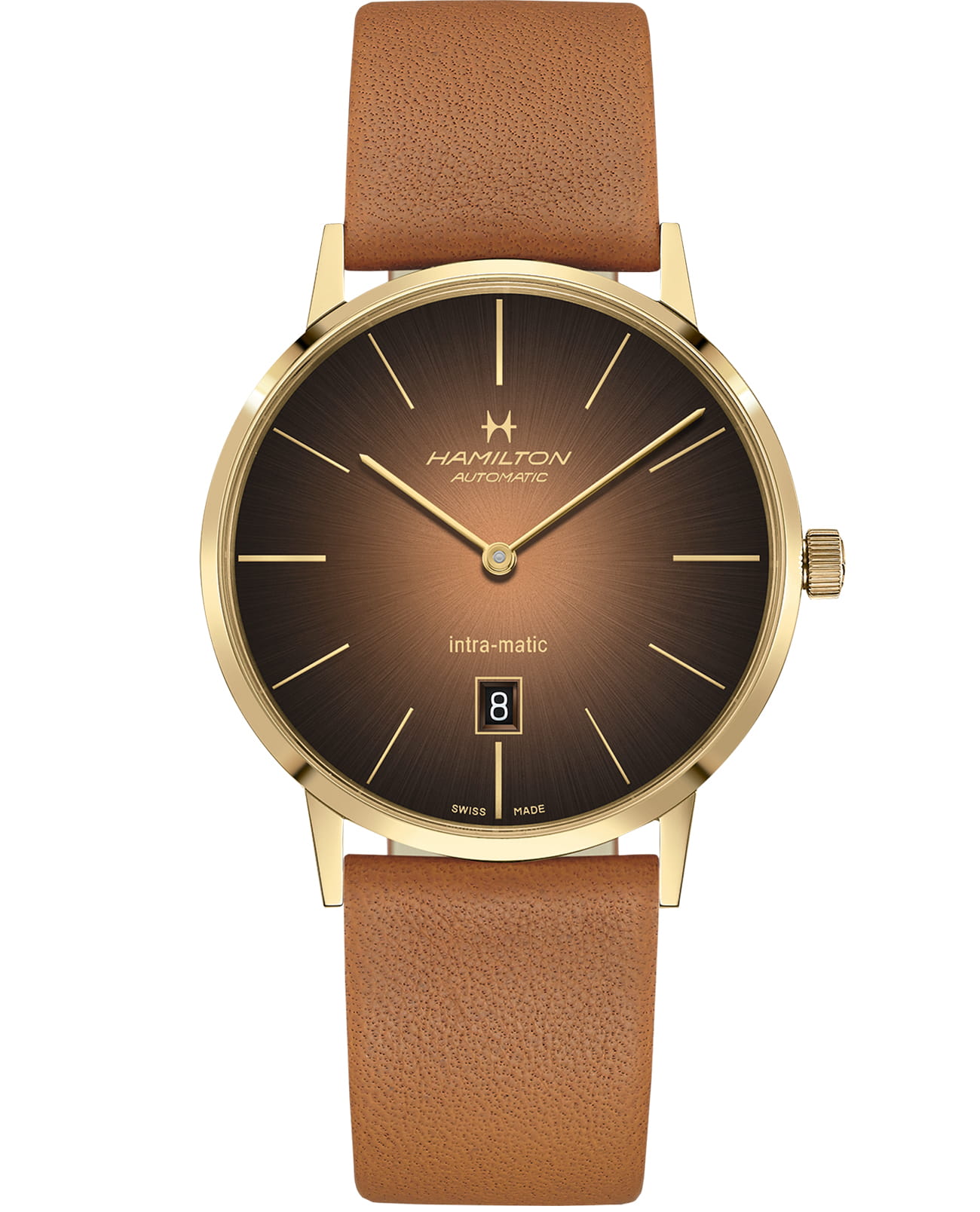 Hamilton Hamilton American Classic Intra-Matic Auto H38735501  H38735501 механические мужские часы коричневый циферблат, браслет кожаный — вид спереди