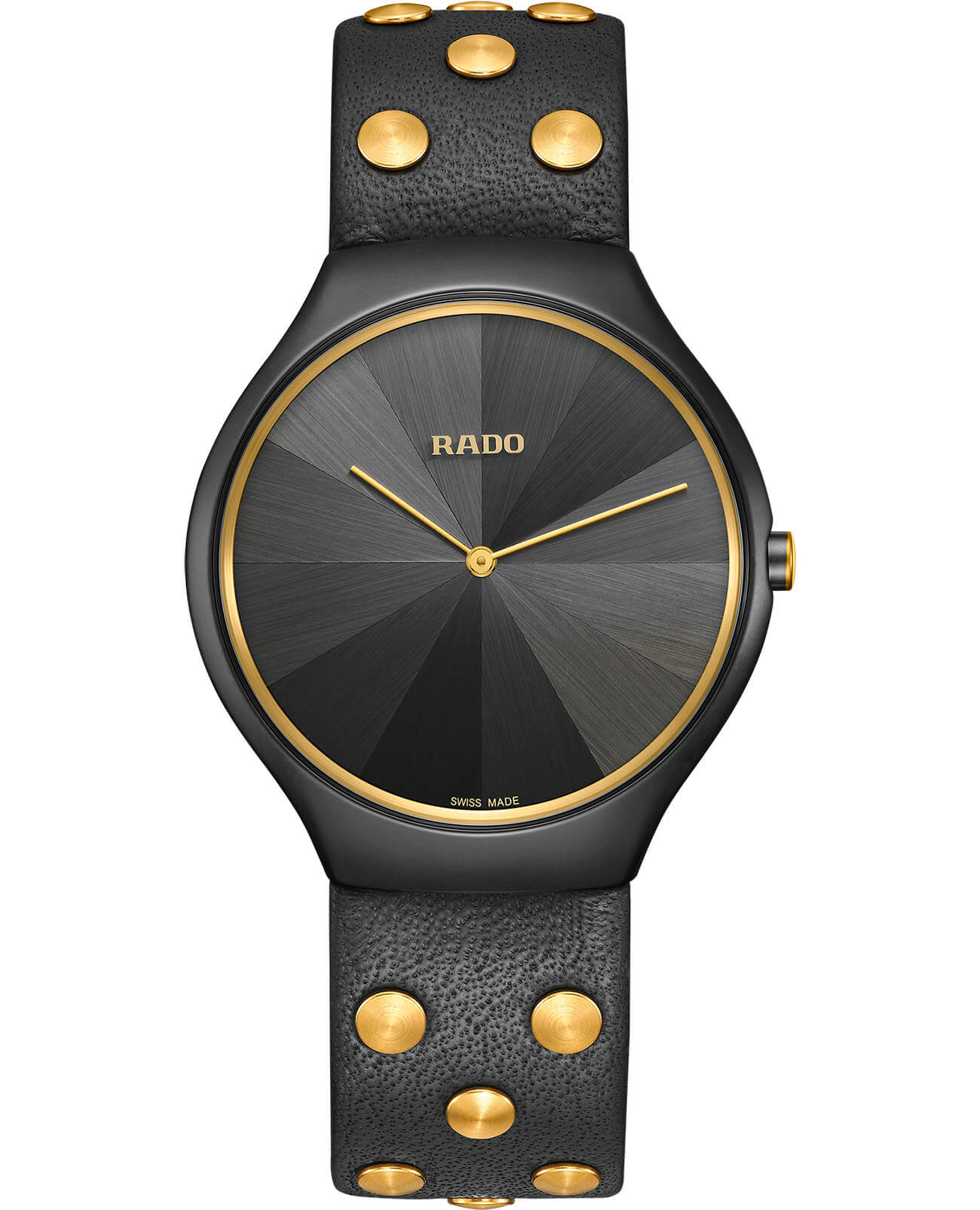 Rado Rado True Thinline Studs R27012105  R27012105 кварцевые женские часы черный циферблат, браслет кожаный — вид спереди
