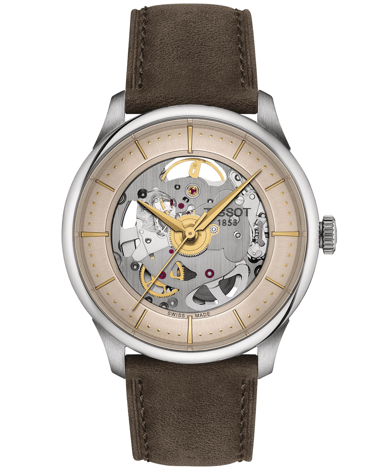 Tissot Tissot Chemin des Tourelles Squelette T139.836.16.261.00 Chemin des Tourelles T1398361626100 механические мужские часы желтый циферблат, браслет кожаный — вид спереди