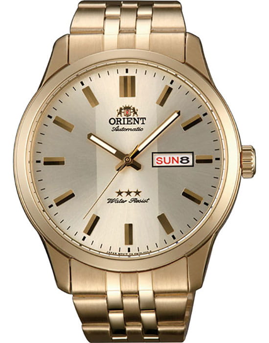 Orient Orient 3 Stars RA-AB0009G (RN-AB0009G)  RA-AB0009G механические мужские часы золотой циферблат, браслет сталь c pvd покрытием — вид спереди