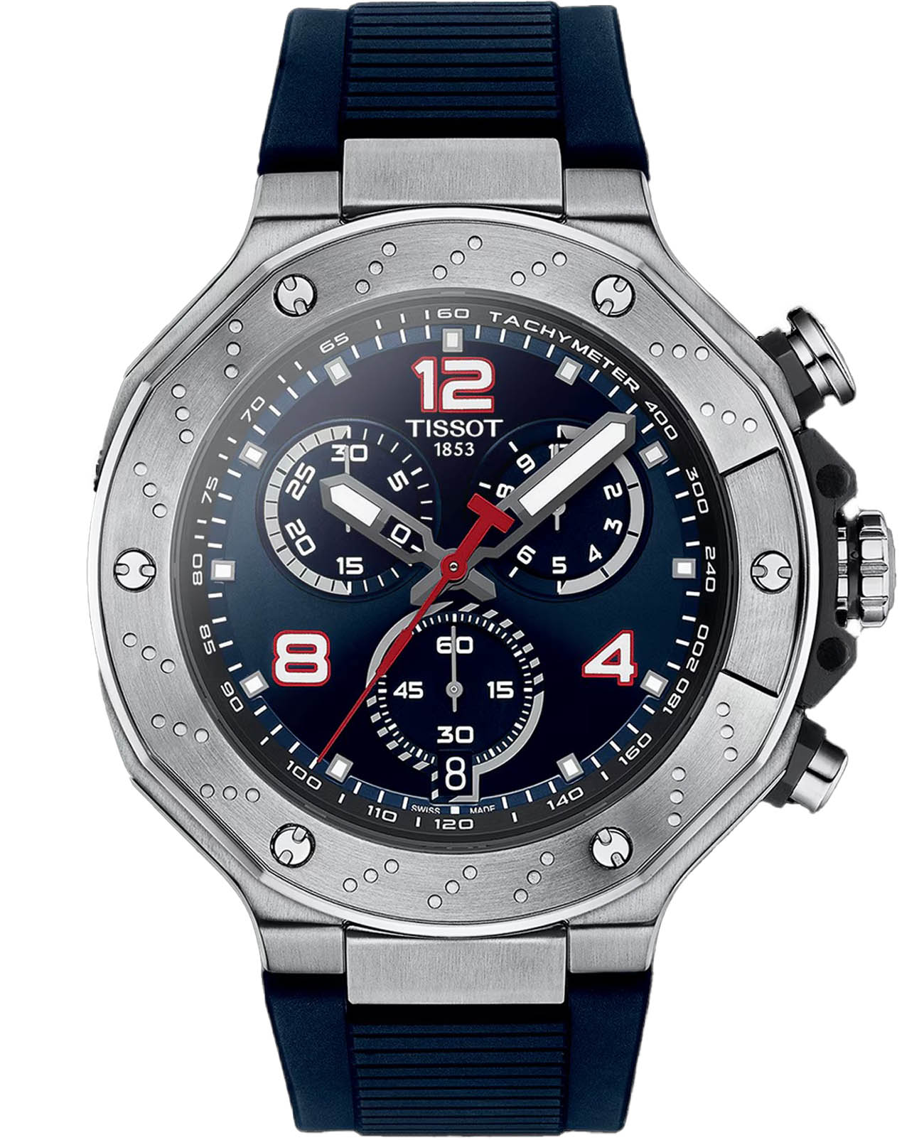 Tissot Tissot T-Race MotoGP™ Chronograph 2024 Limited Edition T141.417.17.047.00 T Race T1414171704700 кварцевые мужские часы синий циферблат, браслет каучук — вид спереди