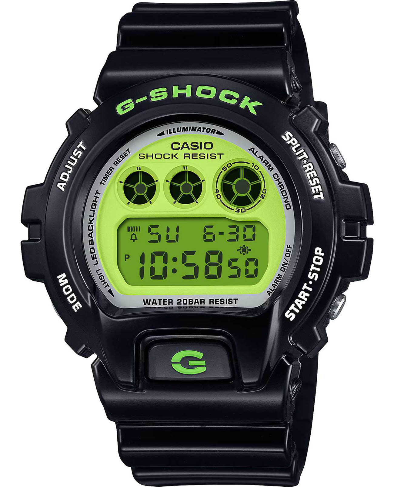Casio Casio G-Shock DW-6900RCS-1DR (DW-6900RCS-1)  DW-6900RCS-1DR электронные мужские часы зеленый циферблат, браслет пластик — вид спереди
