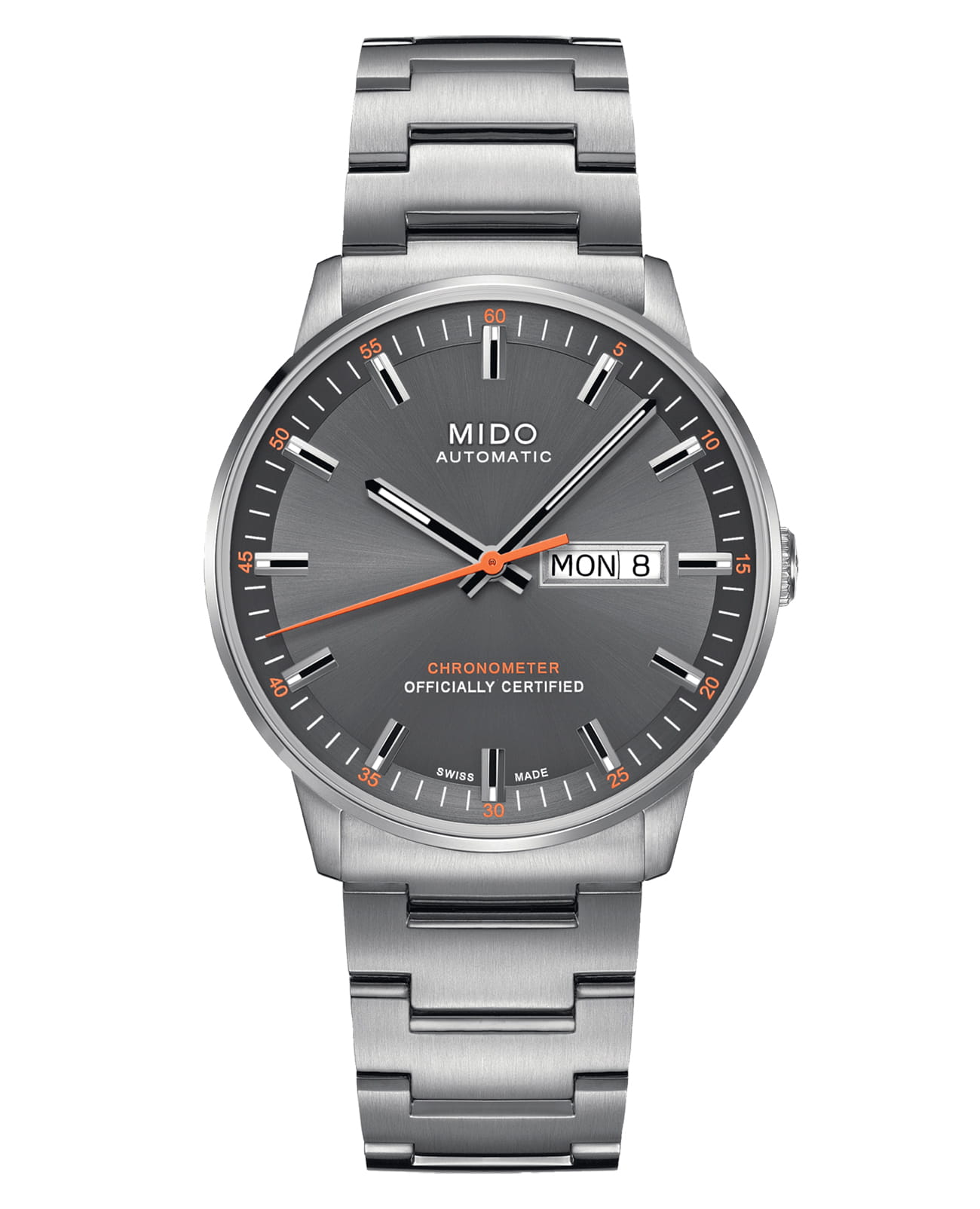 Mido Mido Commander Chronometer M021.431.11.061.01  M0214311106101 механические мужские часы серый циферблат, браслет нержавеющая сталь — вид спереди