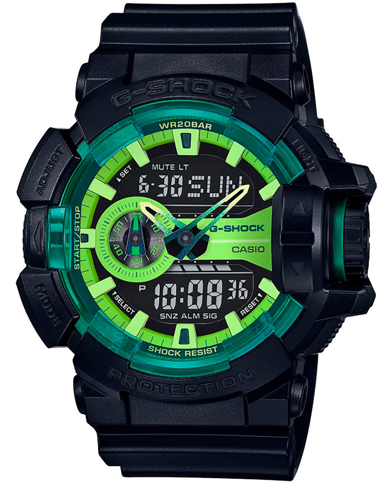 Casio Casio G-Shock GA-400LY-1A GA GA-400LY-1A электронные мужские часы зеленый циферблат, браслет пластик — вид спереди