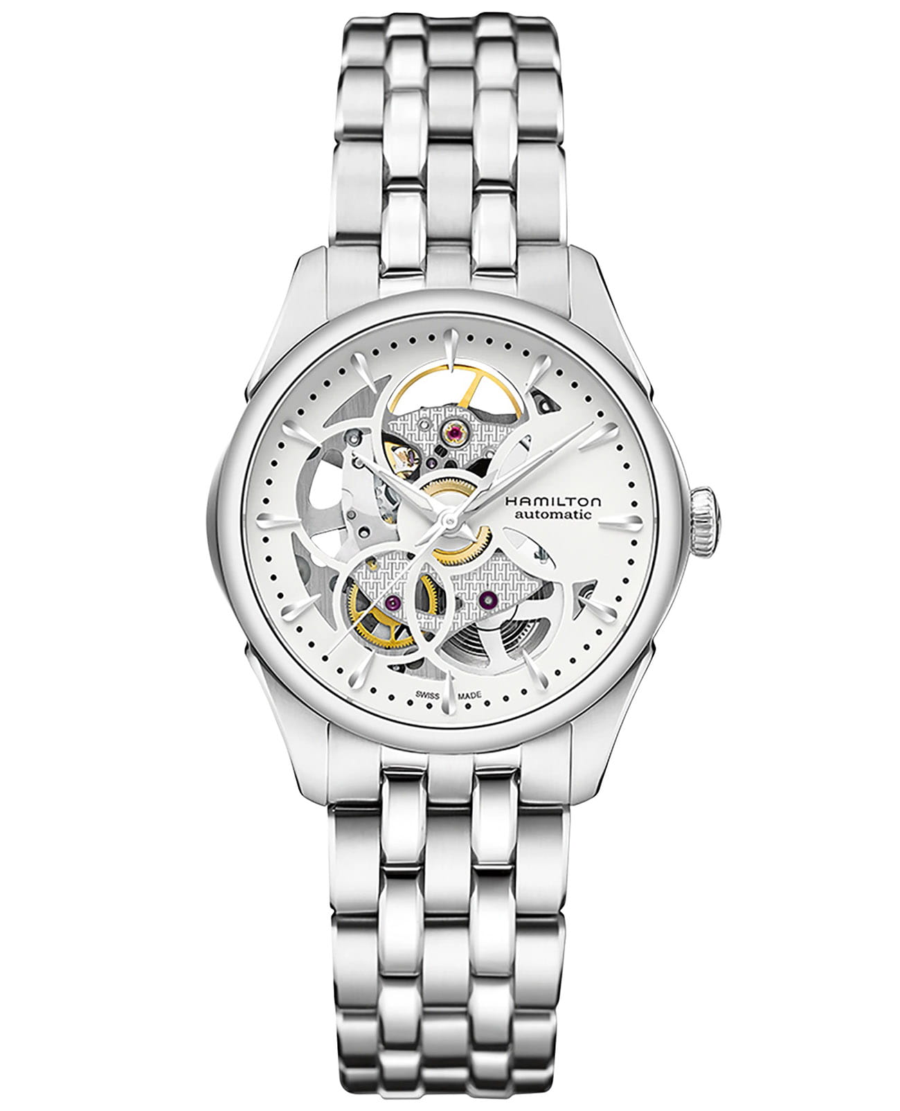 Hamilton Hamilton Jazzmaster Viewmatic Skeleton Lady Auto H32405111  H32405111 механические женские часы белый циферблат, браслет нержавеющая сталь — вид спереди