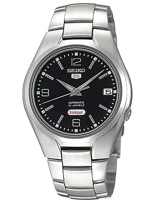 Seiko Seiko 5 Regular SNK623K1  SNK623K1 механические мужские часы черный циферблат, браслет нержавеющая сталь — вид спереди