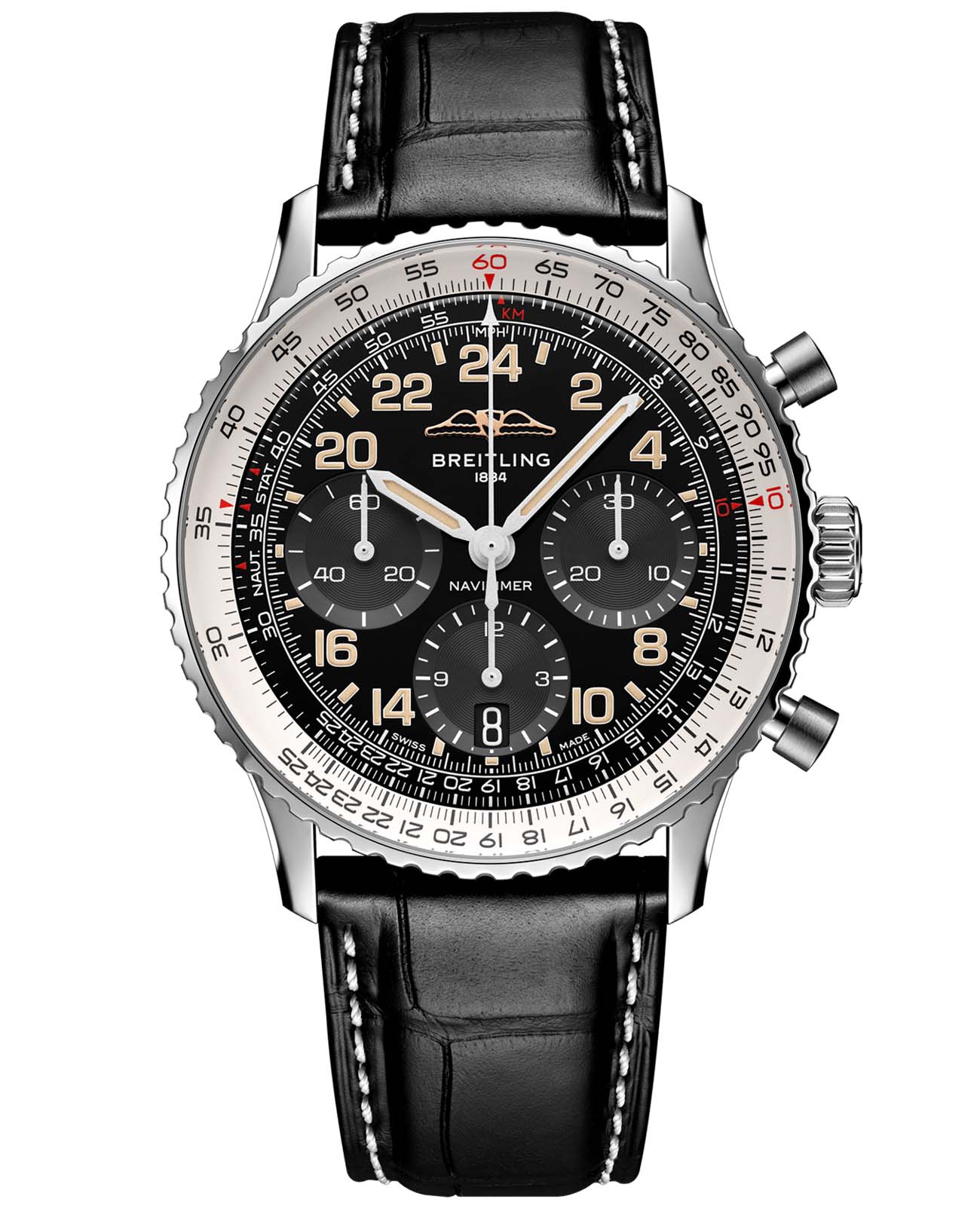 Breitling Breitling Navitimer B02 Chronograph 41 Cosmonaute PB02301A1B1P1  PB02301A1B1P1 механические мужские часы черный циферблат, браслет кожаный — вид спереди