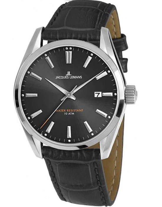 Jacques Lemans Jacques Lemans 1-1859A  1-1859A кварцевые мужские часы черный циферблат, браслет кожаный — вид спереди