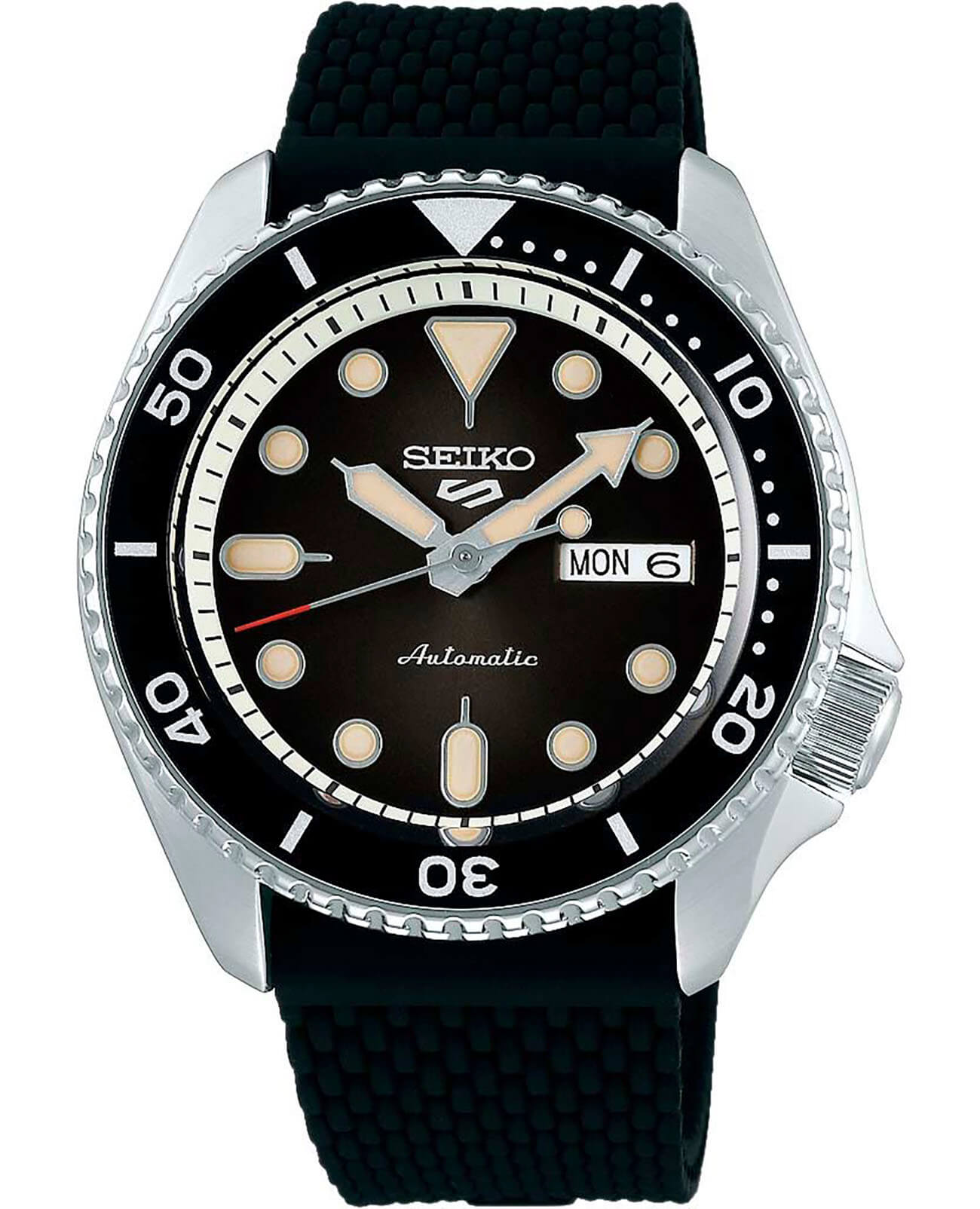 Seiko Seiko 5 Sports SRPD73K2  SRPD73K2 механические мужские часы черный циферблат, браслет силикон — вид спереди