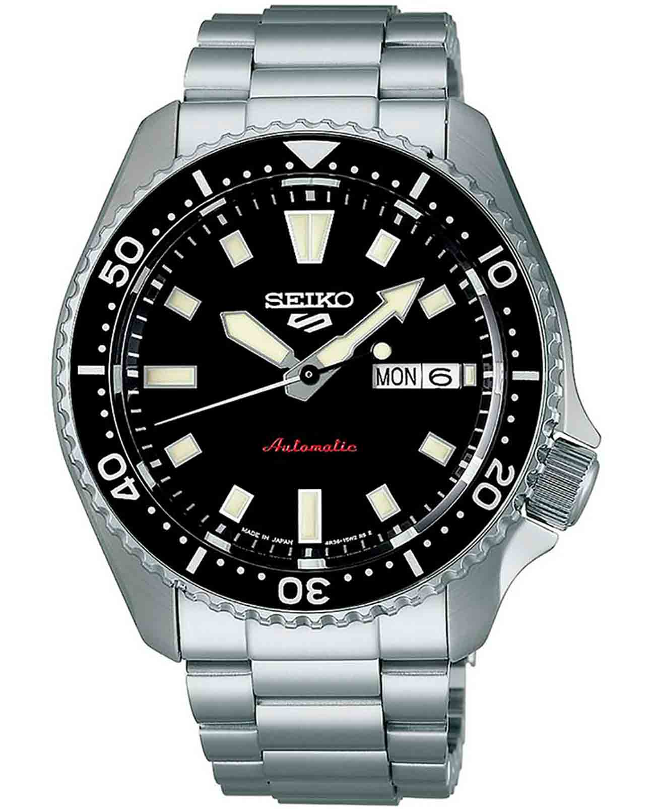 Seiko Seiko 5 Sports SRPL85K1  SRPL85K1 механические мужские часы черный циферблат, браслет нержавеющая сталь — вид спереди