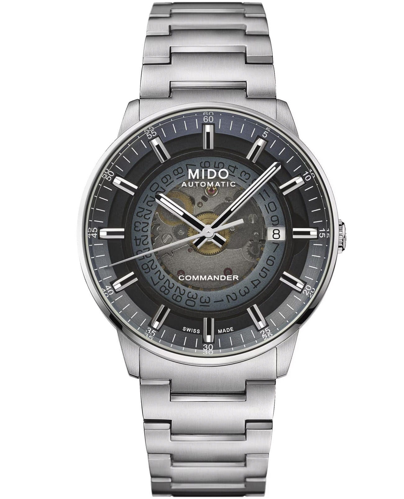 Mido Mido Commander Gradient M021.407.11.411.01  M0214071141101 механические мужские часы синий циферблат, браслет нержавеющая сталь — вид спереди