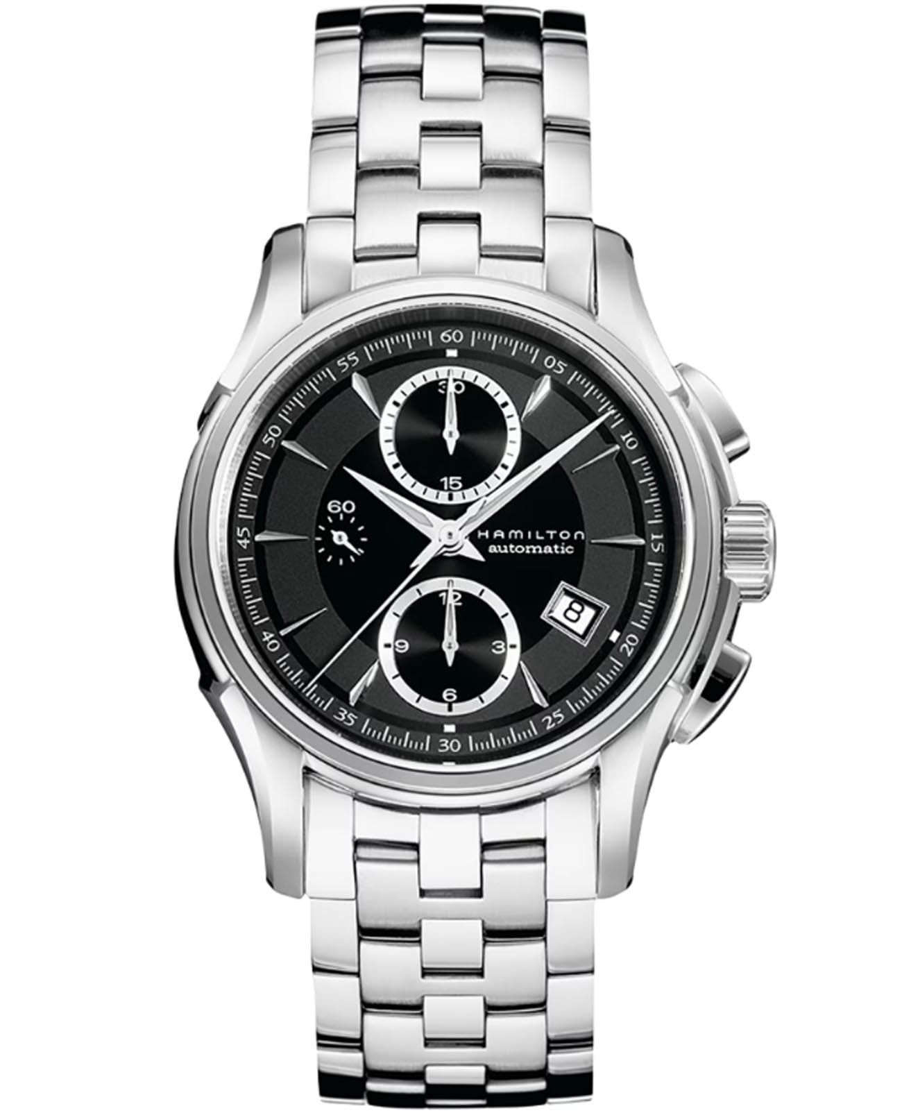 Hamilton Hamilton Jazzmaster Auto Chrono H32616133  H32616133 механические мужские часы черный циферблат, браслет нержавеющая сталь — вид спереди