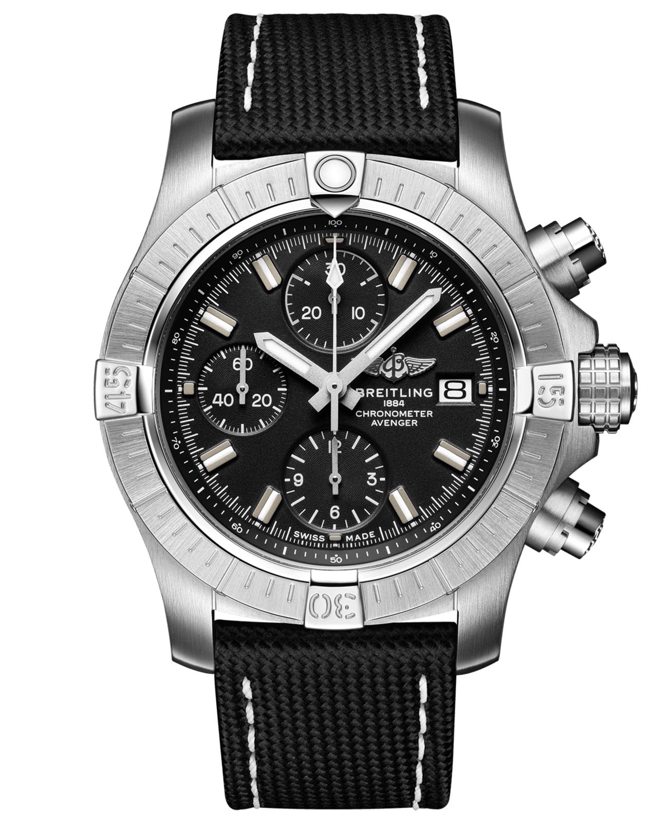 Breitling Breitling Avenger Chronograph 43 A13385101B1X1  A13385101B1X1 механические мужские часы черный циферблат, браслет кожаный — вид спереди