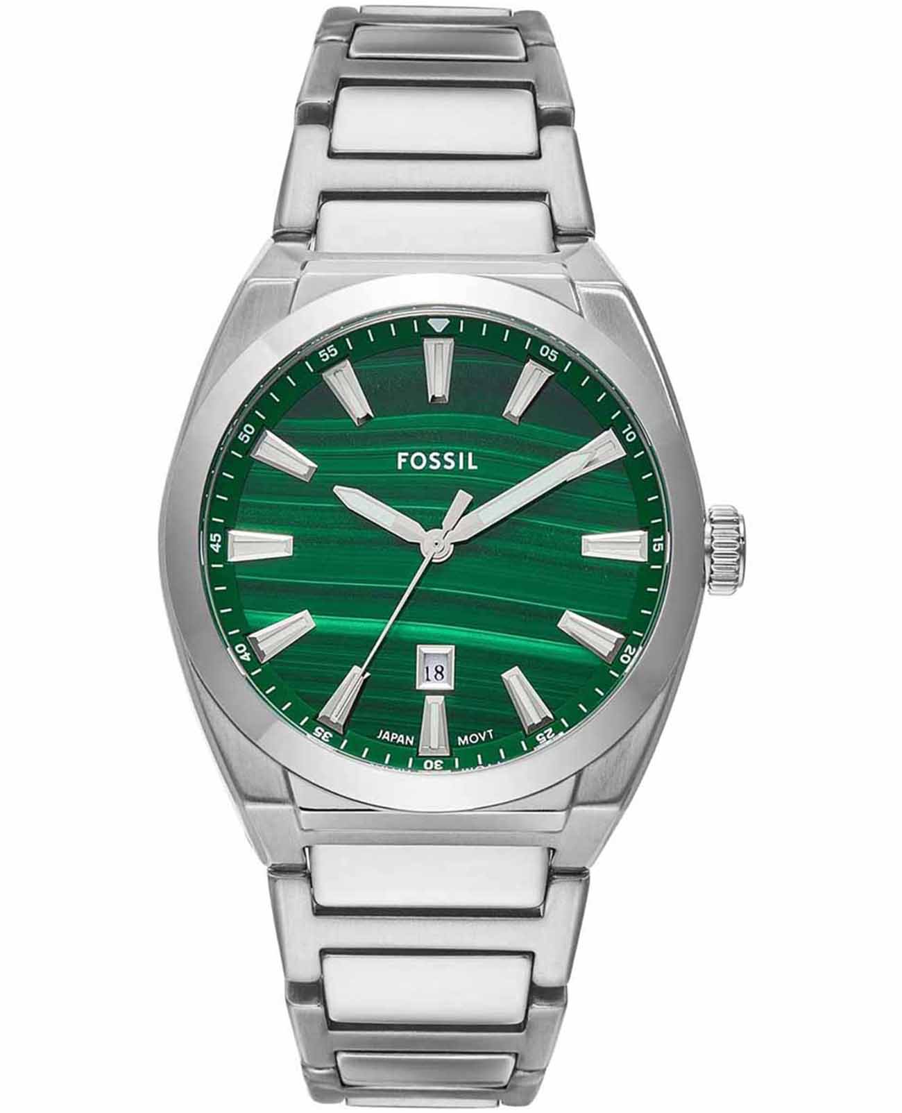 Fossil Fossil Everett FS6056  FS6056 кварцевые мужские часы зеленый циферблат, браслет нержавеющая сталь — вид спереди