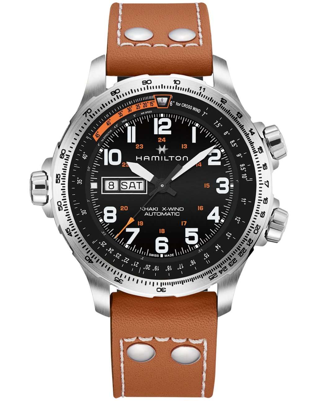 Hamilton Hamilton Khaki Aviation X-Wind Day Date Auto Chrono H77755533  H77755533 механические мужские часы черный циферблат, браслет кожаный — вид спереди