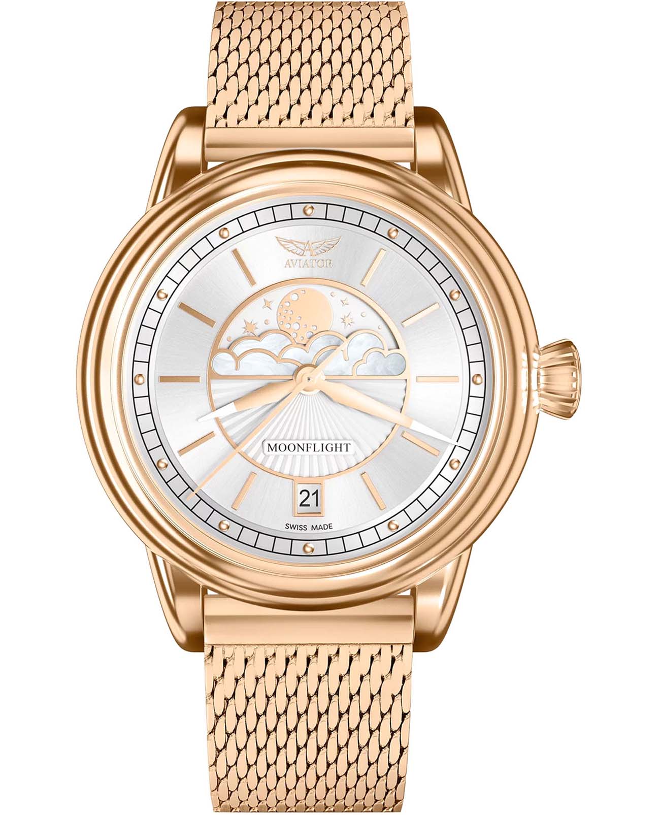 Aviator Aviator Douglas MoonFlight V.1.33.2.251.5  V.1.33.2.251.5 кварцевые женские часы серебристый циферблат, браслет нержавеющая сталь — вид спереди