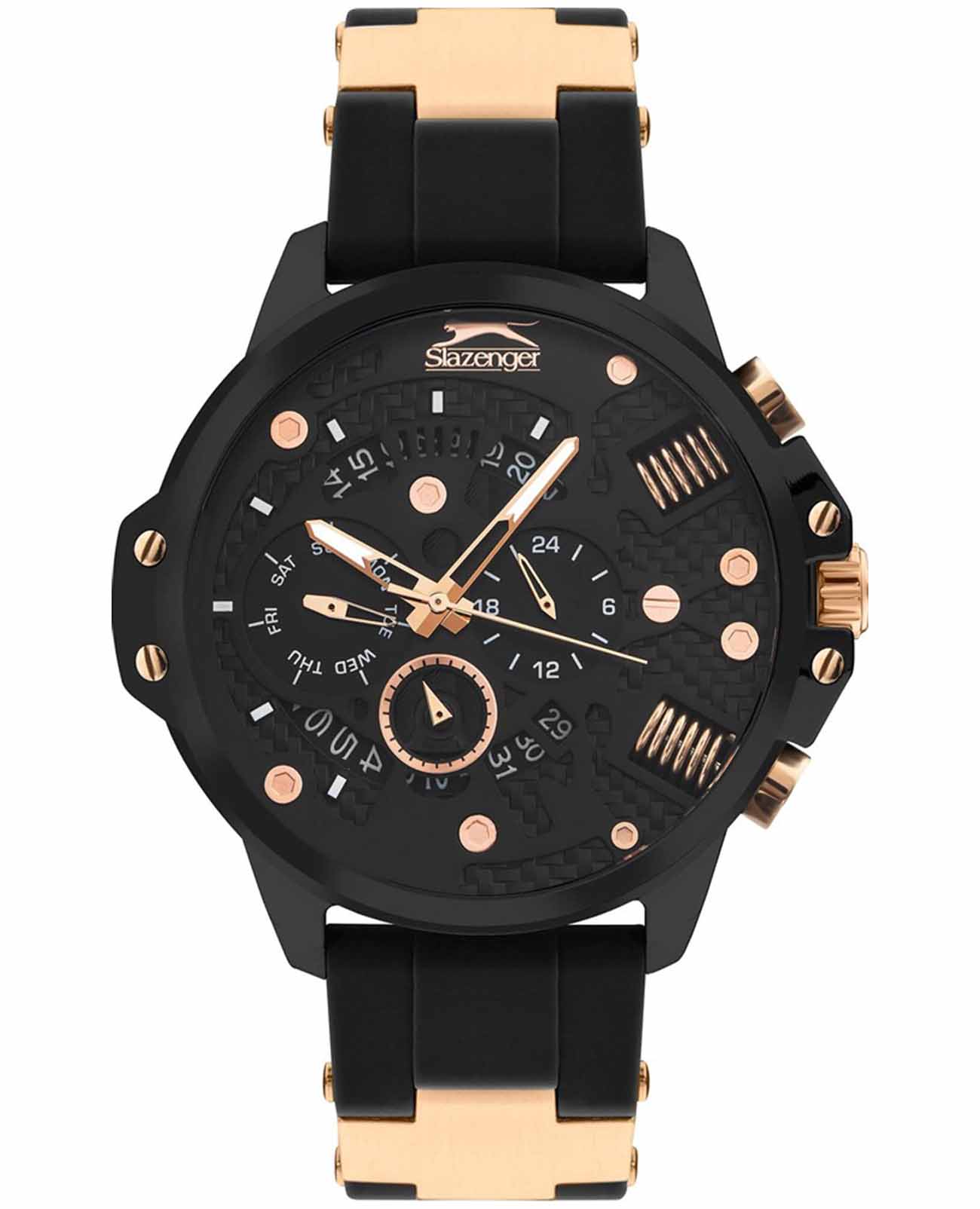 Slazenger Slazenger SL.09.2212.2.03  SL.09.2212.2.03 кварцевые мужские часы черный циферблат, браслет суперметалл с ip покрытием + силикон — вид спереди