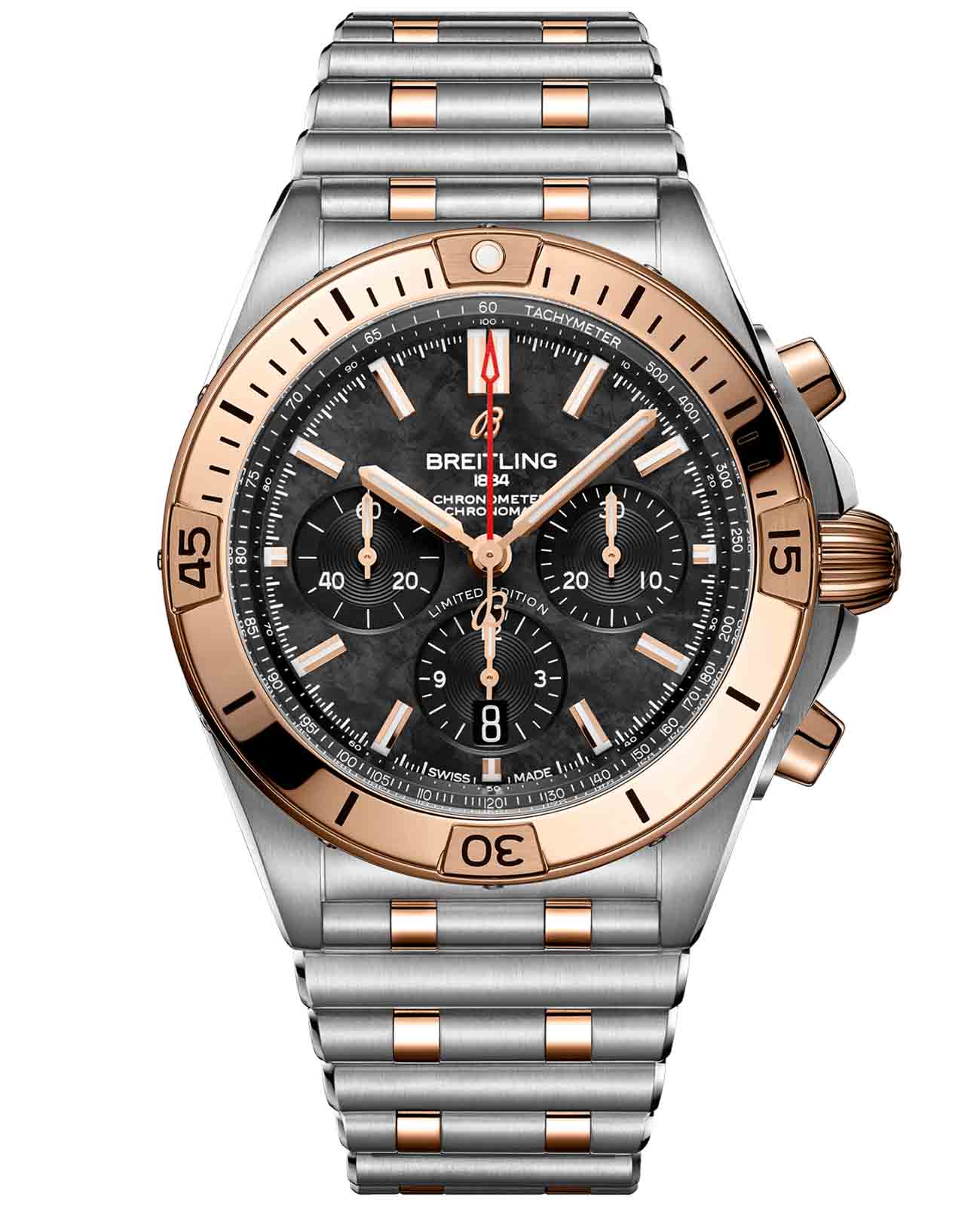 Breitling Breitling Chronomat B01 42 UB01341A1B1U1  UB01341A1B1U1 механические мужские часы черный циферблат, браслет нержавеющая сталь + золото 18к — вид спереди