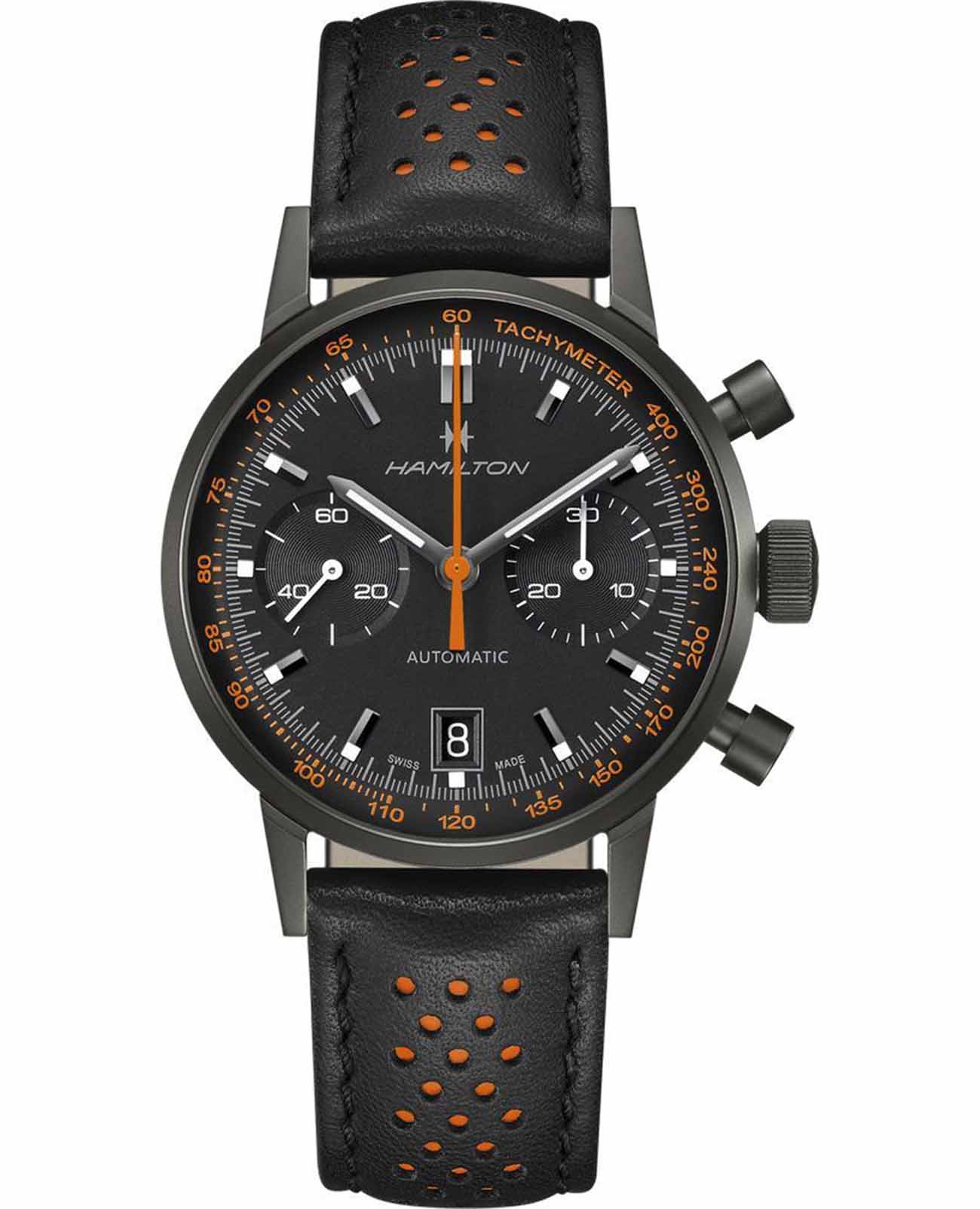 Hamilton Hamilton American Classic Intra-matic Autochrono Full Black H38446732  H38446732 механические мужские часы черный циферблат, браслет кожаный — вид спереди