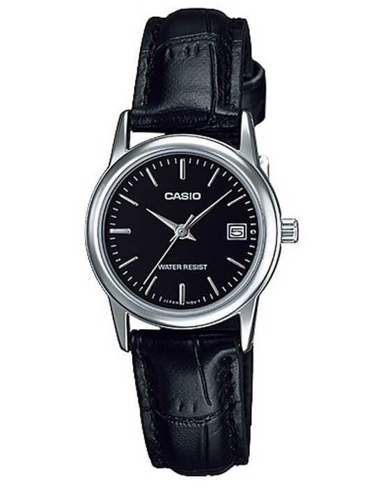 Casio Casio LTP-V002L-1A  LTP-V002L-1A кварцевые женские часы черный циферблат, браслет кожаный — вид спереди